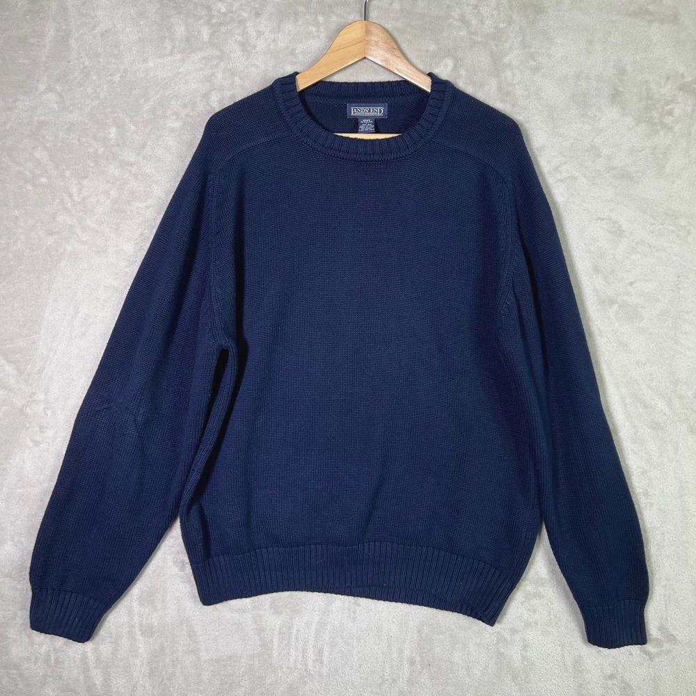 Vintage Lands End Drifter Sweater Men Large Heavy Cotton Knit USA Made Blue
